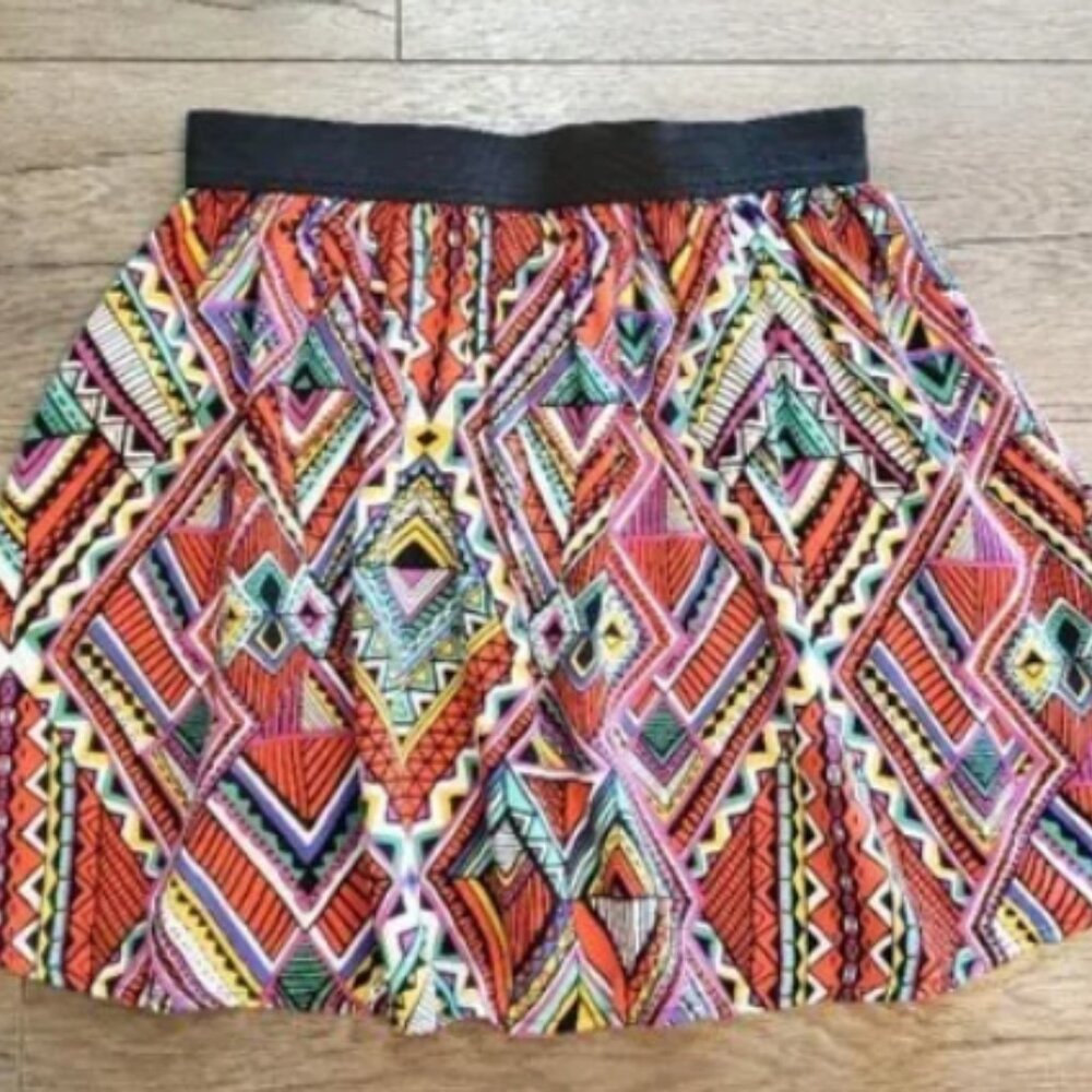 Abstract Multicolor Print Front Zip Skater Skirt